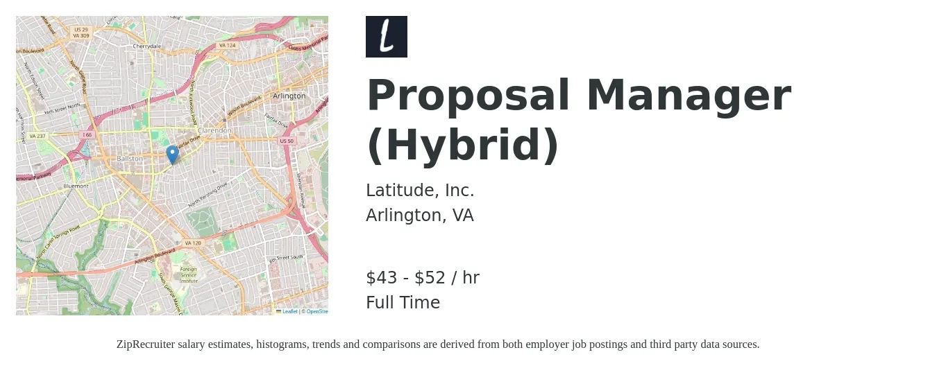 Latitude, Inc. job posting for a Proposal Manager (Hybrid) in Arlington, VA with a salary of $45 to $55 Hourly with a map of Arlington location.