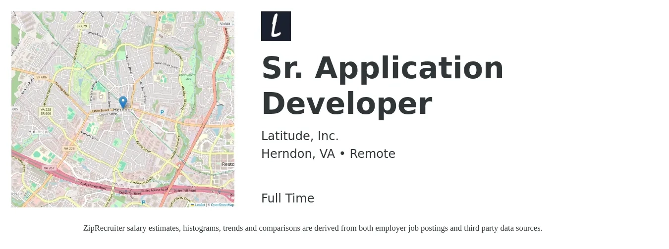 Latitude, Inc. job posting for a Sr. Application Developer in Herndon, VA with a salary of $70 to $80 Hourly with a map of Herndon location.