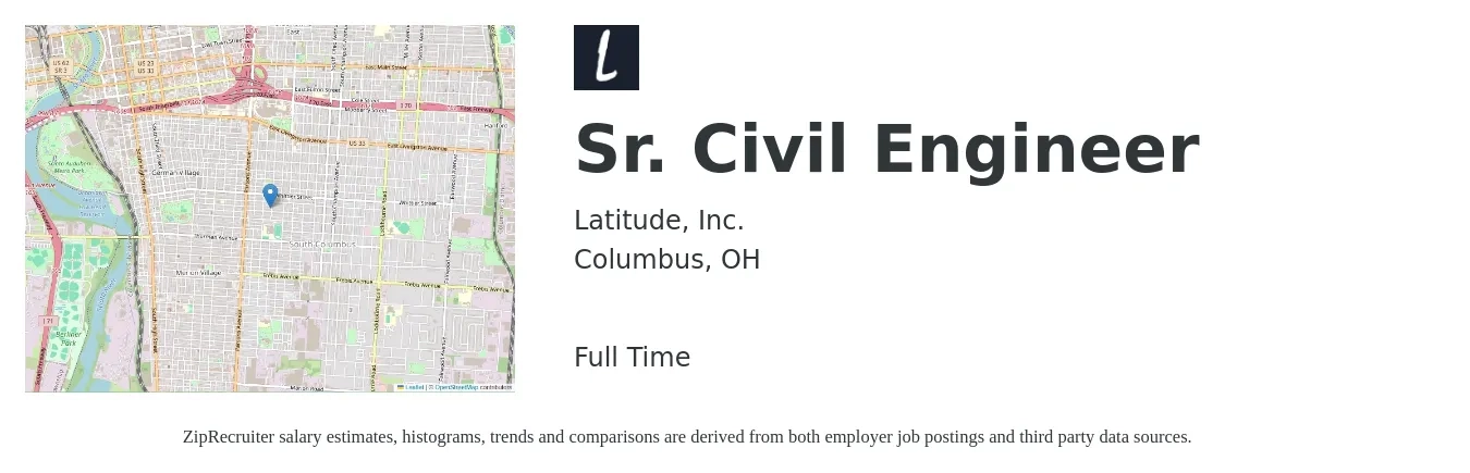Latitude, Inc. job posting for a Sr. Civil Engineer in Columbus, OH with a salary of $95 to $114 Yearly with a map of Columbus location.