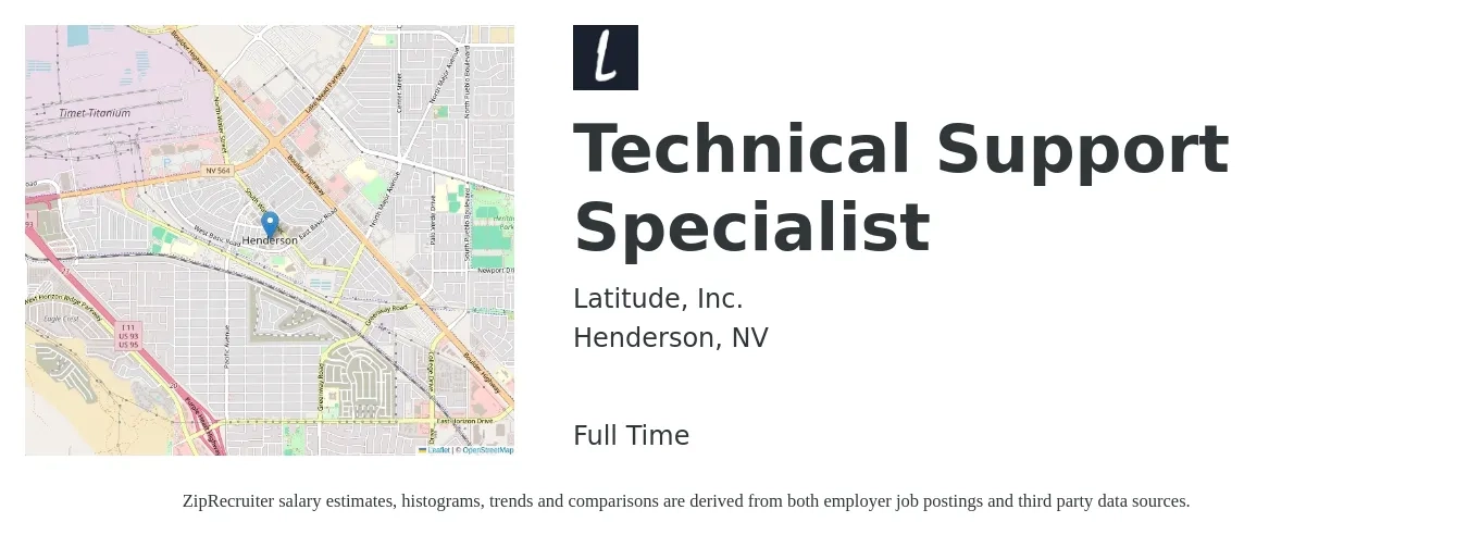 Latitude, Inc. job posting for a Technical Support Specialist in Henderson, NV with a salary of $20 to $30 Hourly with a map of Henderson location.