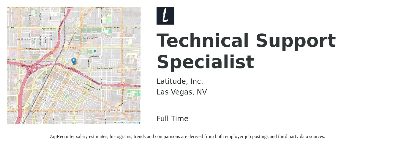 Latitude, Inc. job posting for a Technical Support Specialist in Las Vegas, NV with a salary of $20 to $30 Hourly with a map of Las Vegas location.