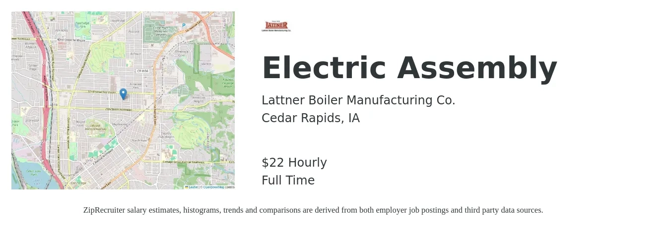 Lattner Boiler Manufacturing Co. job posting for a Electric Assembly in Cedar Rapids, IA with a salary of $23 Hourly with a map of Cedar Rapids location.