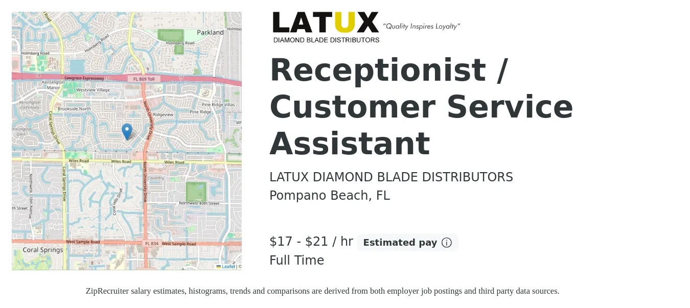LATUX DIAMOND BLADE DISTRIBUTORS job posting for a Receptionist / Customer Service Assistant in Pompano Beach, FL with a salary of $18 to $22 Hourly with a map of Pompano Beach location.