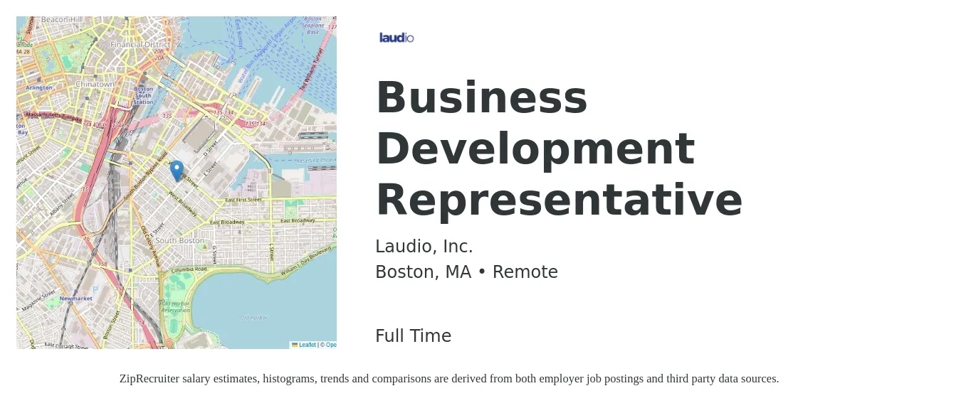 Laudio, Inc. job posting for a Business Development Representative in Boston, MA with a salary of $48,900 to $76,000 Yearly with a map of Boston location.