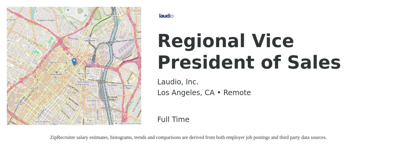 Laudio, Inc. job posting for a Regional Vice President of Sales in Los Angeles, CA with a salary of $107,800 to $129,300 Yearly with a map of Los Angeles location.