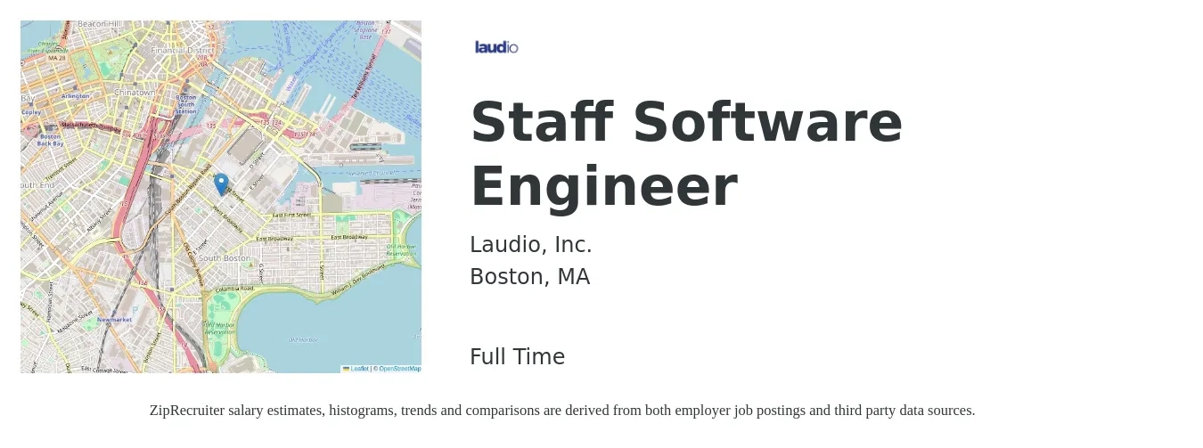 Laudio, Inc. job posting for a Staff Software Engineer in Boston, MA with a salary of $146,100 to $207,000 Yearly with a map of Boston location.