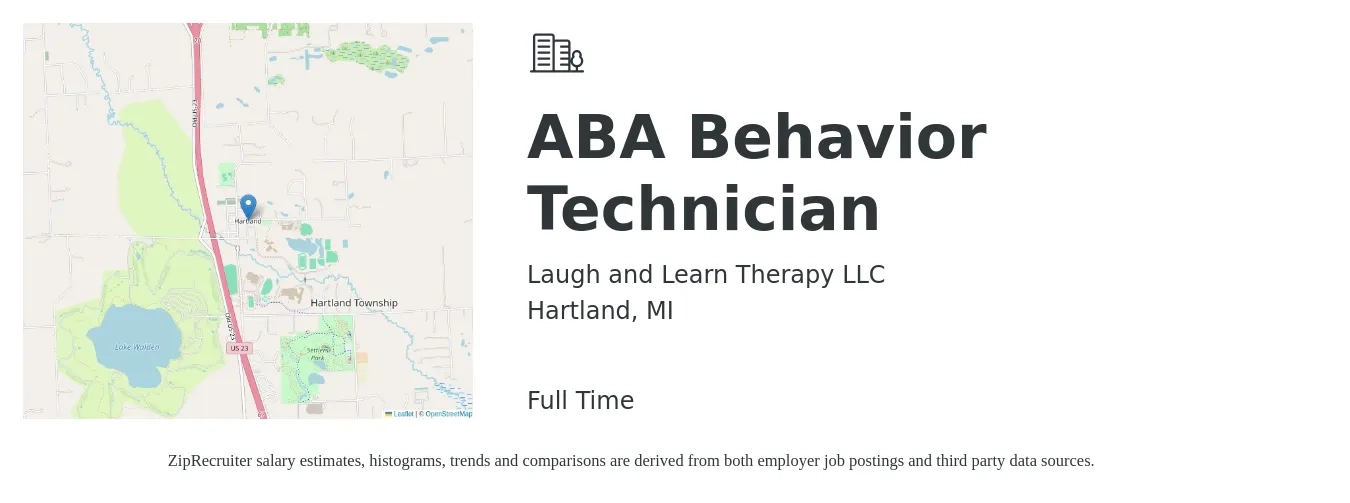 Laugh and Learn Therapy LLC job posting for a ABA Behavior Technician in Hartland, MI with a salary of $17 to $22 Hourly with a map of Hartland location.