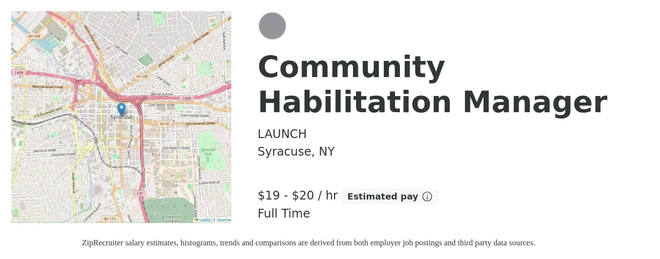 LAUNCH job posting for a Community Habilitation Manager in Syracuse, NY with a salary of $20 to $21 Hourly with a map of Syracuse location.