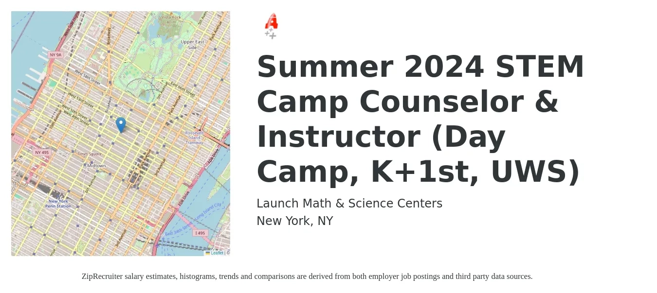 Launch Math & Science Centers job posting for a Summer 2024 STEM Camp Counselor & Instructor (Day Camp, K+1st, UWS) in New York, NY with a salary of $16 Hourly with a map of New York location.