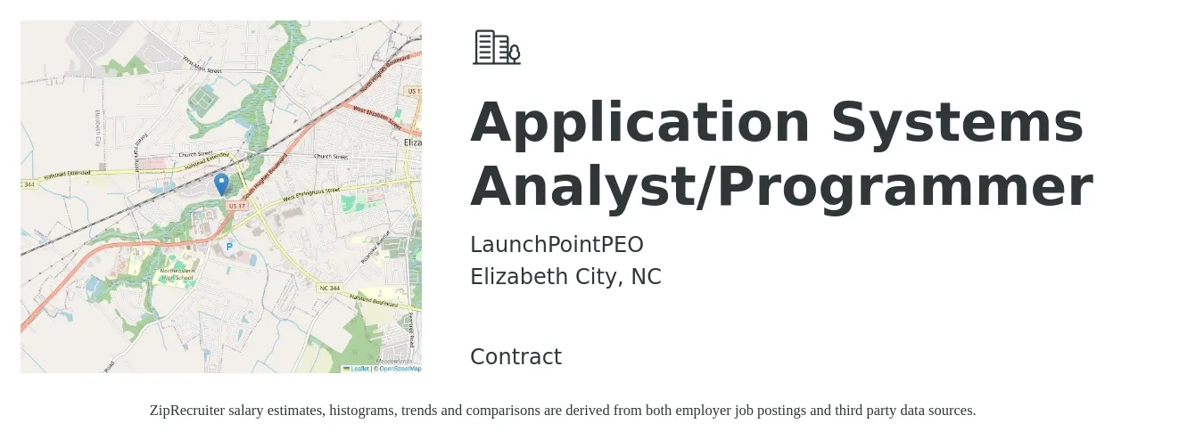 LaunchPointPEO job posting for a Application Systems Analyst/Programmer in Elizabeth City, NC with a salary of $65,000 to $68,000 Yearly with a map of Elizabeth City location.