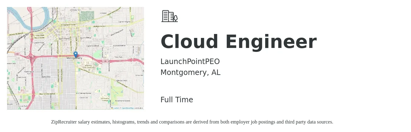 LaunchPointPEO job posting for a Cloud Engineer in Montgomery, AL with a salary of $80,000 to $85,000 Yearly with a map of Montgomery location.