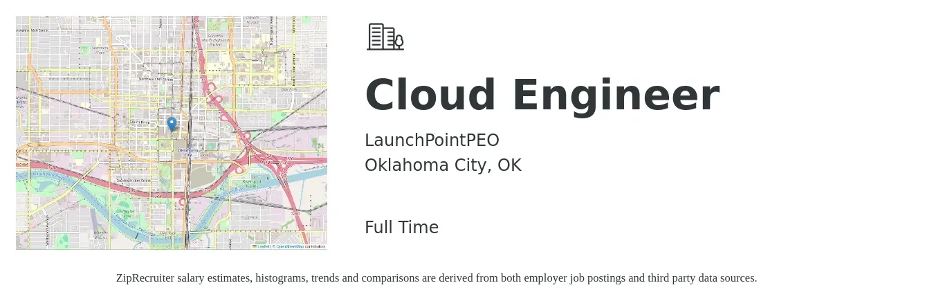 LaunchPointPEO job posting for a Cloud Engineer in Oklahoma City, OK with a salary of $80,000 to $85,000 Yearly with a map of Oklahoma City location.
