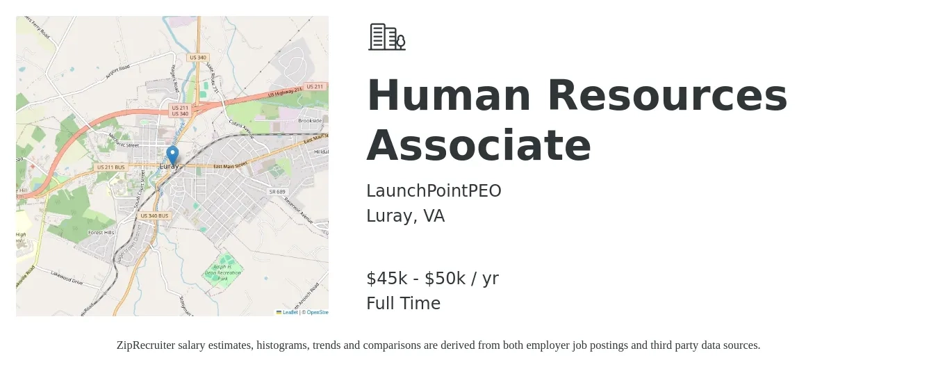 LaunchPointPEO job posting for a Human Resources Associate in Luray, VA with a salary of $45,000 to $50,000 Yearly with a map of Luray location.