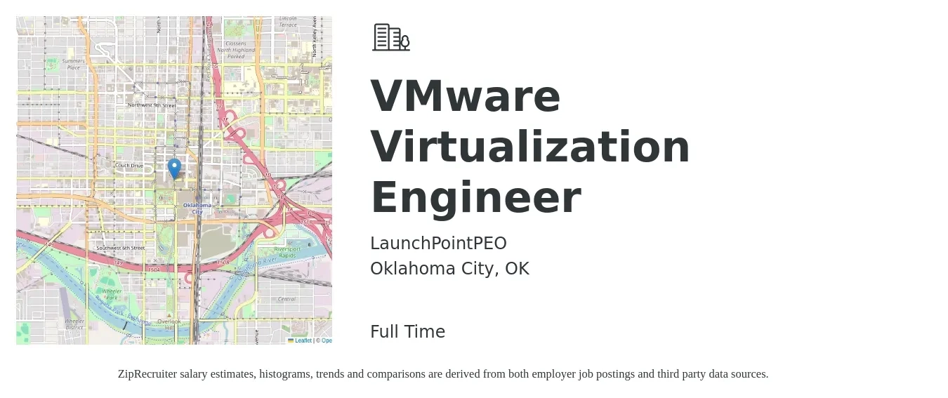 LaunchPointPEO job posting for a VMware Virtualization Engineer in Oklahoma City, OK with a salary of $68,000 to $73,000 Yearly with a map of Oklahoma City location.