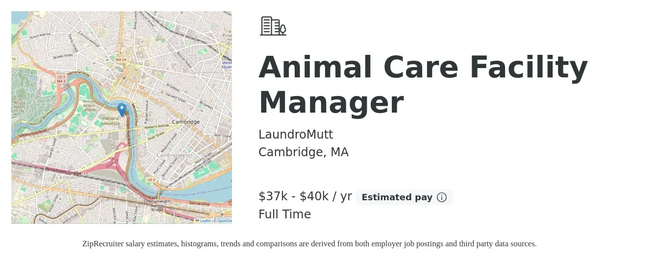 LaundroMutt job posting for a Animal Care Facility Manager in Cambridge, MA with a salary of $37,000 to $40,000 Yearly with a map of Cambridge location.