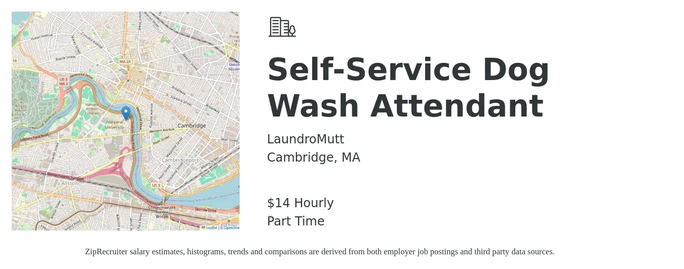 LaundroMutt job posting for a Self-Service Dog Wash Attendant in Cambridge, MA with a salary of $15 to $16 Hourly with a map of Cambridge location.