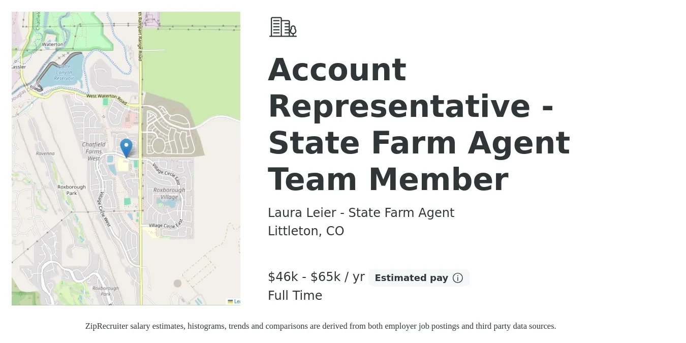 Laura Leier - State Farm Agent job posting for a Account Representative - State Farm Agent Team Member in Littleton, CO with a salary of $46,000 to $65,000 Yearly with a map of Littleton location.