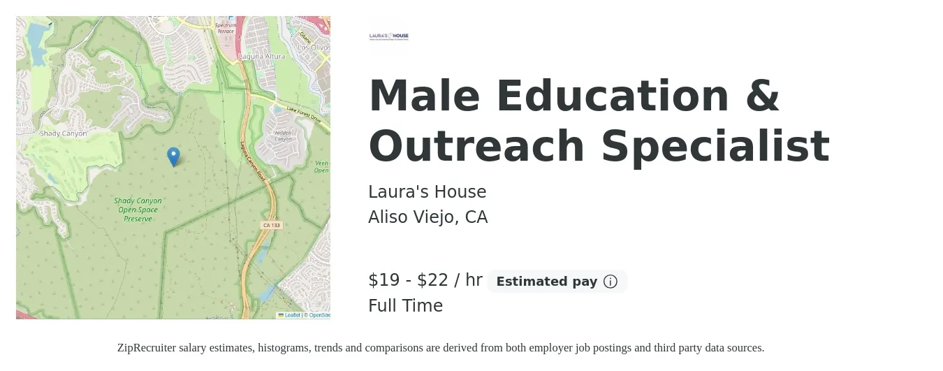 Laura's House job posting for a Male Education & Outreach Specialist in Aliso Viejo, CA with a salary of $20 to $23 Hourly with a map of Aliso Viejo location.