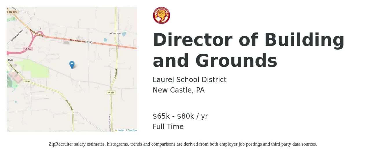 Laurel School District job posting for a Director of Building and Grounds in New Castle, PA with a salary of $65,000 to $80,000 Yearly with a map of New Castle location.