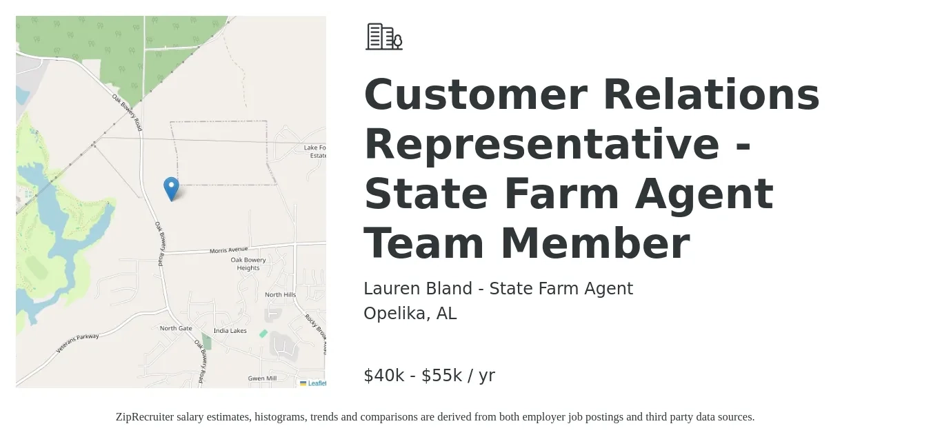 Lauren Bland - State Farm Agent job posting for a Customer Relations Representative - State Farm Agent Team Member in Opelika, AL with a salary of $40,000 to $55,000 Yearly with a map of Opelika location.