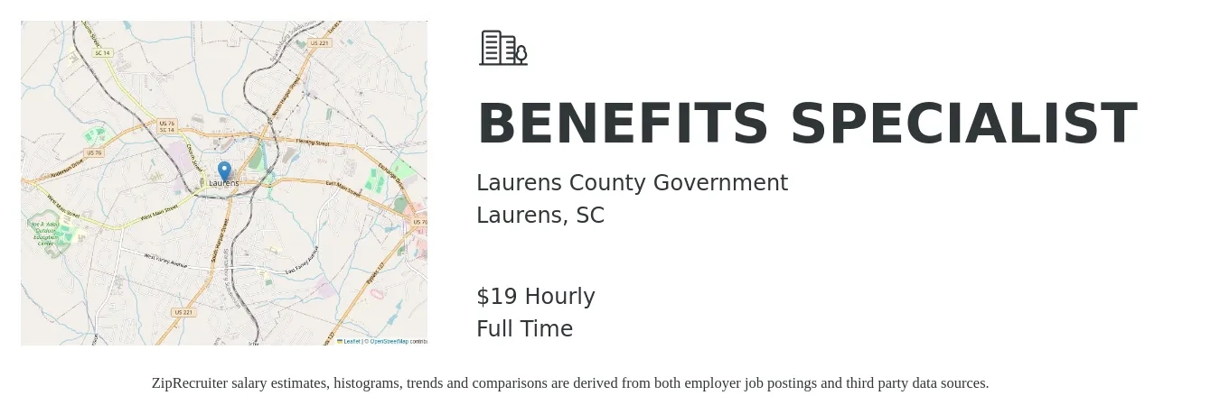 Laurens County Government job posting for a BENEFITS SPECIALIST in Laurens, SC with a salary of $20 Hourly with a map of Laurens location.