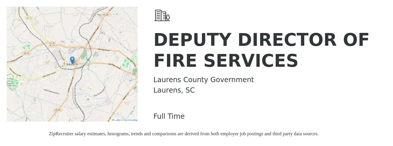 Laurens County Government job posting for a DEPUTY DIRECTOR OF FIRE SERVICES in Laurens, SC with a salary of $83,300 to $118,300 Yearly with a map of Laurens location.