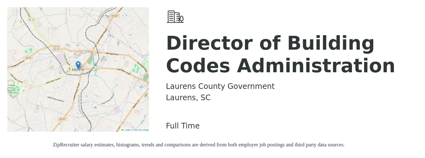 Laurens County Government job posting for a Director of Building Codes Administration in Laurens, SC with a salary of $90,900 to $137,500 Yearly with a map of Laurens location.