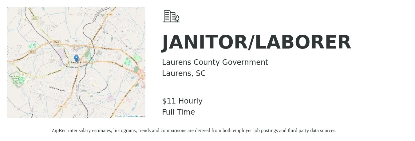 Laurens County Government job posting for a JANITOR/LABORER in Laurens, SC with a salary of $12 Hourly with a map of Laurens location.