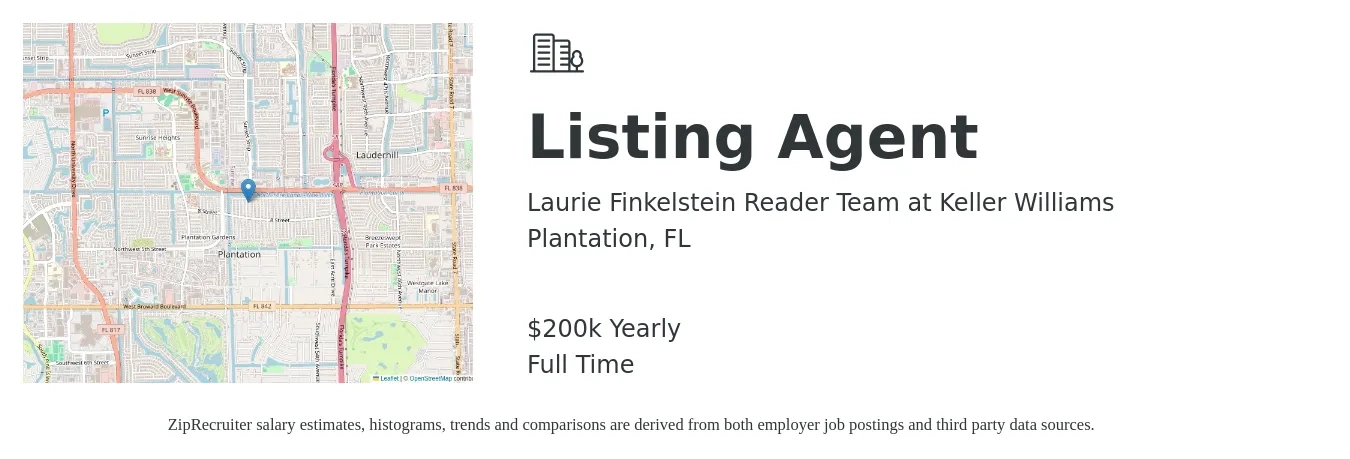Laurie Finkelstein Reader Team at Keller Williams job posting for a Listing Agent in Plantation, FL with a salary of $200,000 Yearly with a map of Plantation location.
