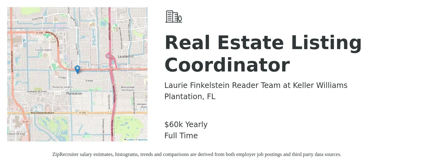 Laurie Finkelstein Reader Team at Keller Williams job posting for a Real Estate Listing Coordinator in Plantation, FL with a salary of $60,000 Yearly with a map of Plantation location.