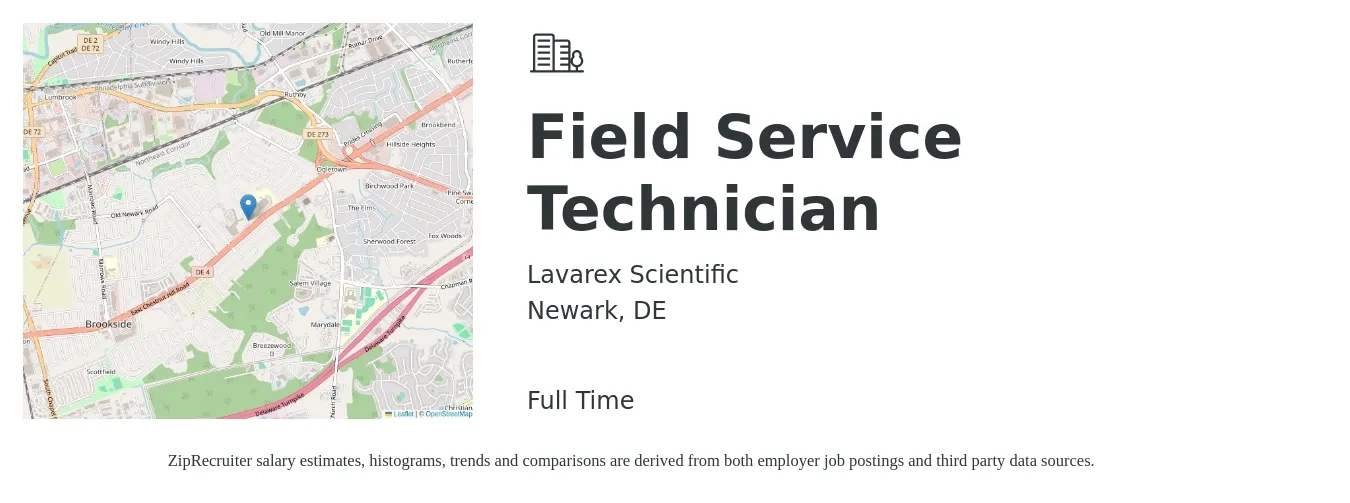 Lavarex Scientific job posting for a Field Service Technician in Newark, DE with a salary of $1,000 to $1,100 Weekly with a map of Newark location.