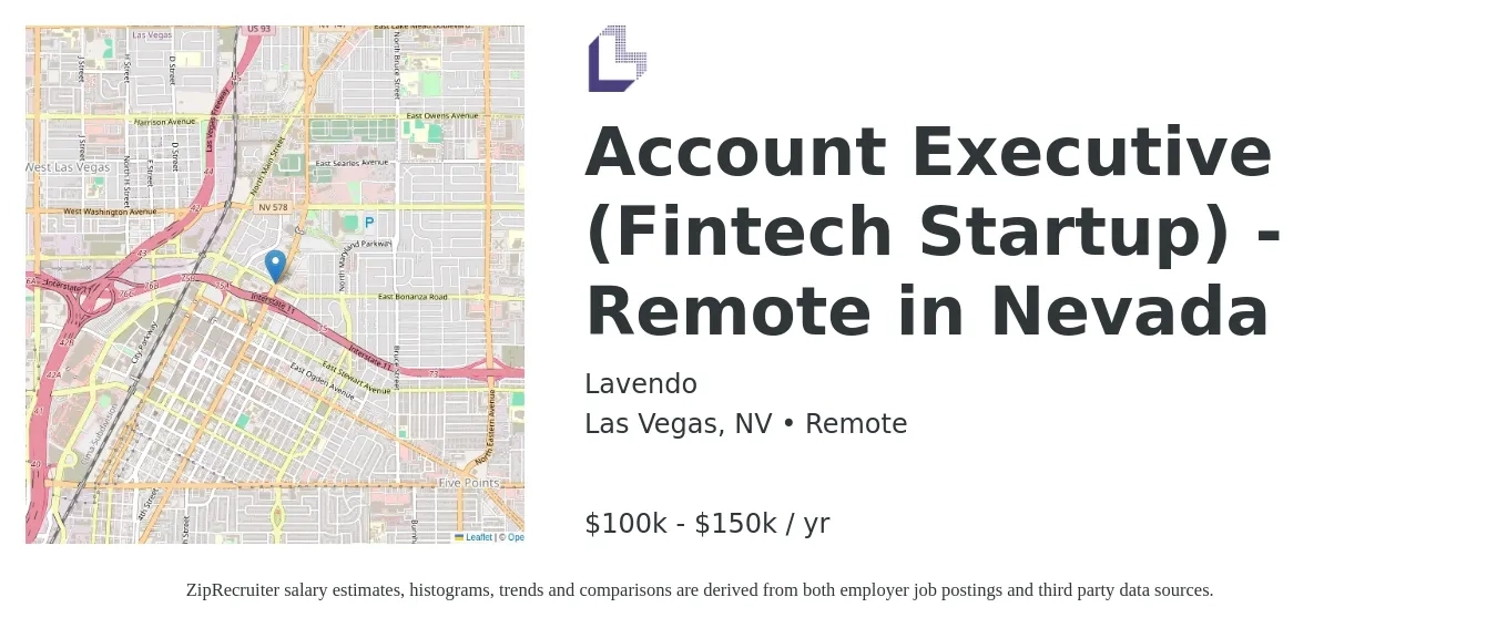 Lavendo job posting for a Account Executive (Fintech Startup) - Remote in Nevada in Las Vegas, NV with a salary of $100,000 to $150,000 Yearly with a map of Las Vegas location.