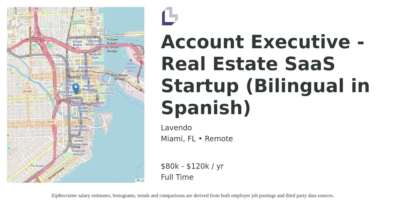Lavendo job posting for a Account Executive - Real Estate SaaS Startup (Bilingual in Spanish) in Miami, FL with a salary of $80,000 to $120,000 Yearly with a map of Miami location.
