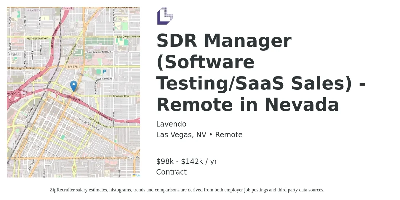 Lavendo job posting for a SDR Manager (Software Testing/SaaS Sales) - Remote in Nevada in Las Vegas, NV with a salary of $98,800 to $142,800 Yearly with a map of Las Vegas location.