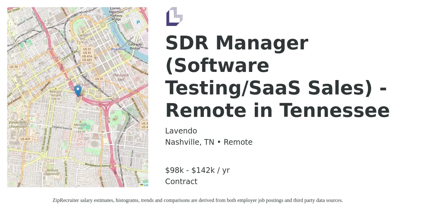 Lavendo job posting for a SDR Manager (Software Testing/SaaS Sales) - Remote in Tennessee in Nashville, TN with a salary of $98,800 to $142,800 Yearly with a map of Nashville location.