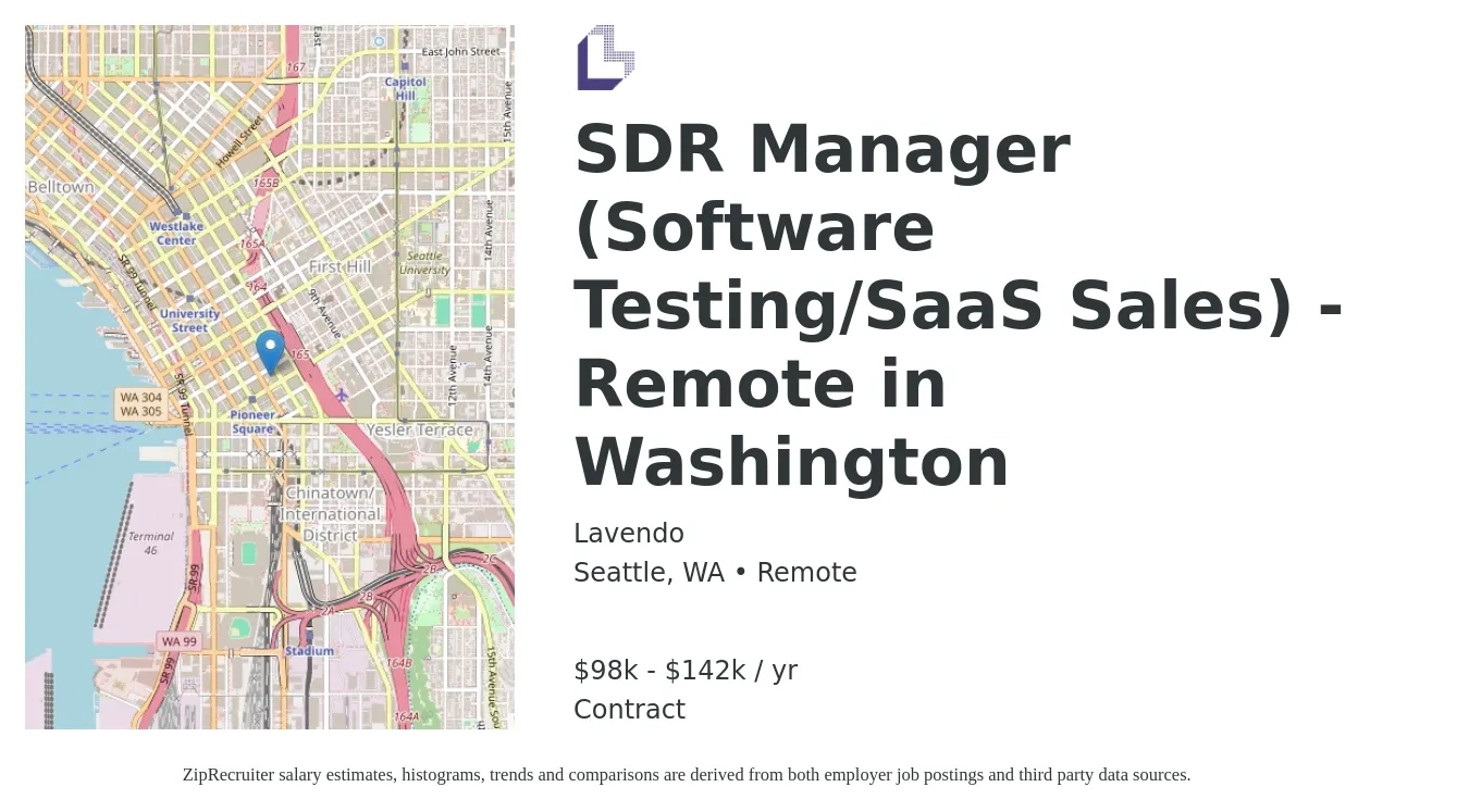 Lavendo job posting for a SDR Manager (Software Testing/SaaS Sales) - Remote in Washington in Seattle, WA with a salary of $98,800 to $142,800 Yearly with a map of Seattle location.