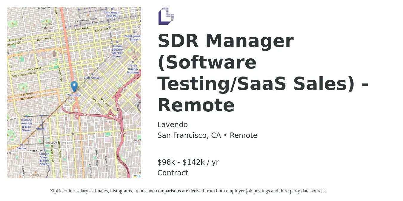 Lavendo job posting for a SDR Manager (Software Testing/SaaS Sales) - Remote in San Francisco, CA with a salary of $98,800 to $142,800 Yearly with a map of San Francisco location.