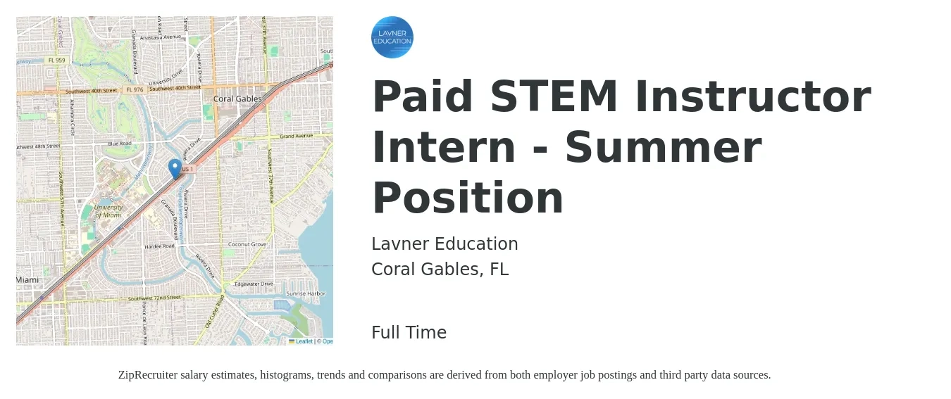 Lavner Education job posting for a Paid STEM Instructor Intern - Summer Position in Coral Gables, FL with a salary of $31,800 to $44,200 Yearly with a map of Coral Gables location.