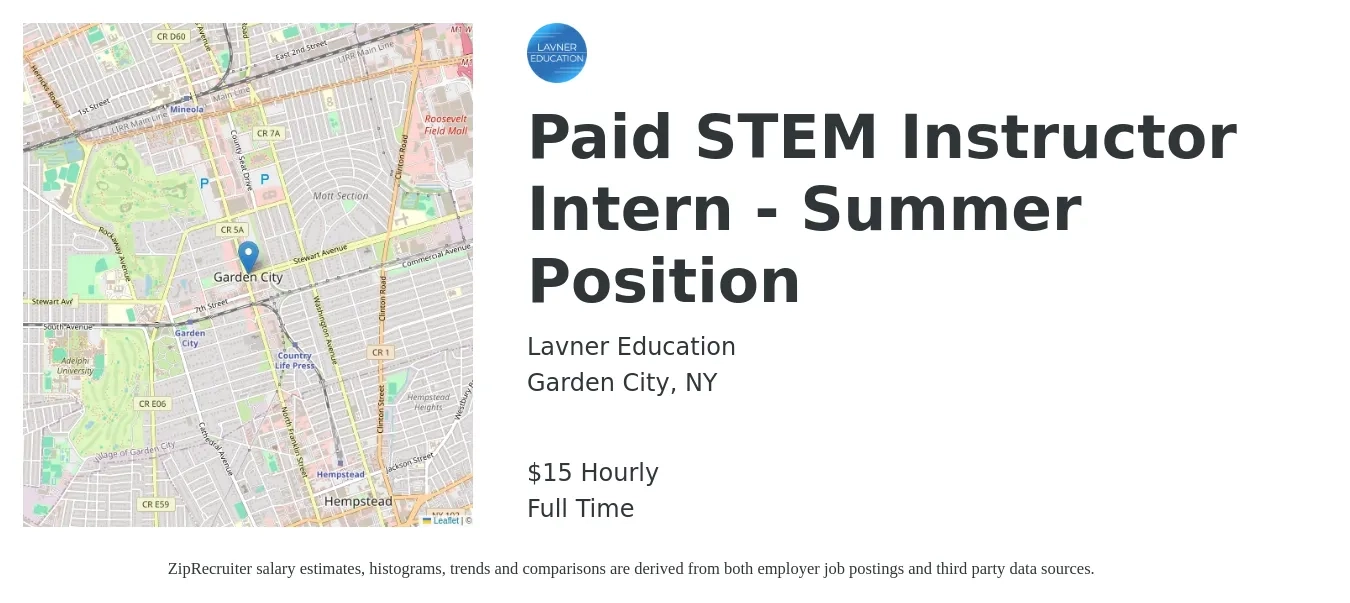 Lavner Education job posting for a Paid STEM Instructor Intern - Summer Position in Garden City, NY with a salary of $16 Hourly with a map of Garden City location.