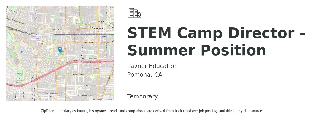 Lavner Education job posting for a STEM Camp Director - Summer Position in Pomona, CA with a salary of $1,200 Weekly with a map of Pomona location.