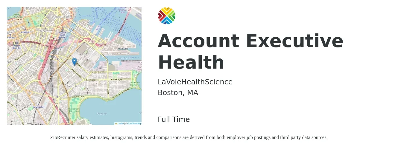 LaVoieHealthScience job posting for a Account Executive Health in Boston, MA with a salary of $63,700 to $89,300 Yearly with a map of Boston location.