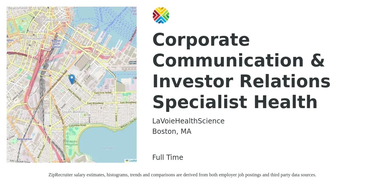 LaVoieHealthScience job posting for a Corporate Communication & Investor Relations Specialist Health in Boston, MA with a salary of $46,900 to $153,600 Yearly with a map of Boston location.