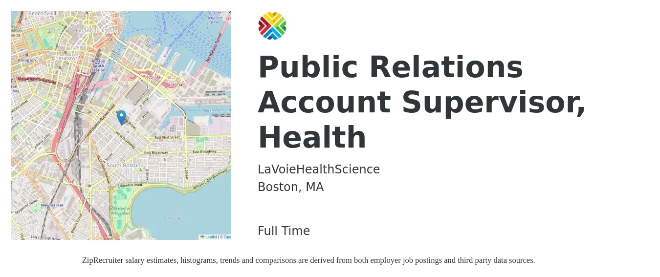 LaVoieHealthScience job posting for a Public Relations Account Supervisor, Health in Boston, MA with a salary of $84,400 to $104,600 Yearly with a map of Boston location.