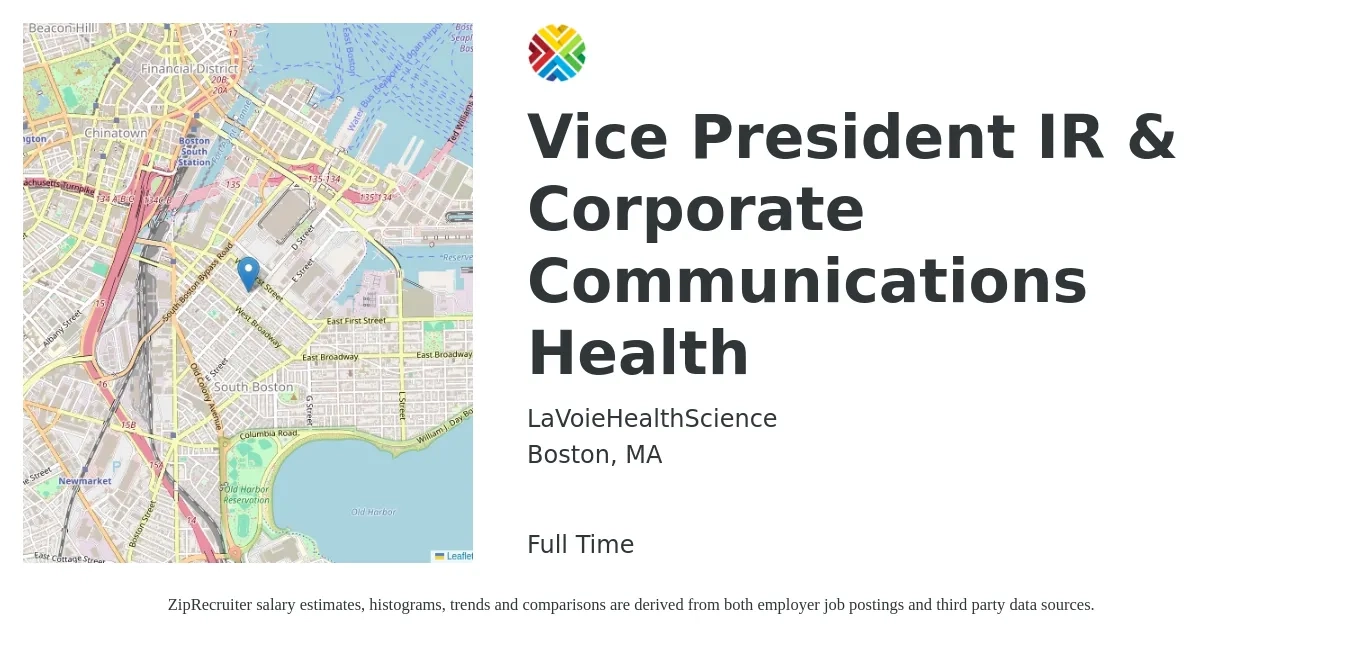LaVoieHealthScience job posting for a Vice President IR & Corporate Communications Health in Boston, MA with a salary of $156,900 to $183,600 Yearly with a map of Boston location.