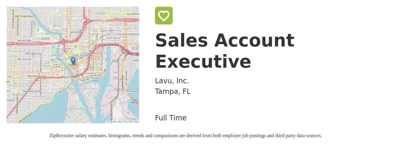 Lavu, Inc. job posting for a Sales Account Executive in Tampa, FL with a salary of $50,600 to $79,400 Yearly with a map of Tampa location.