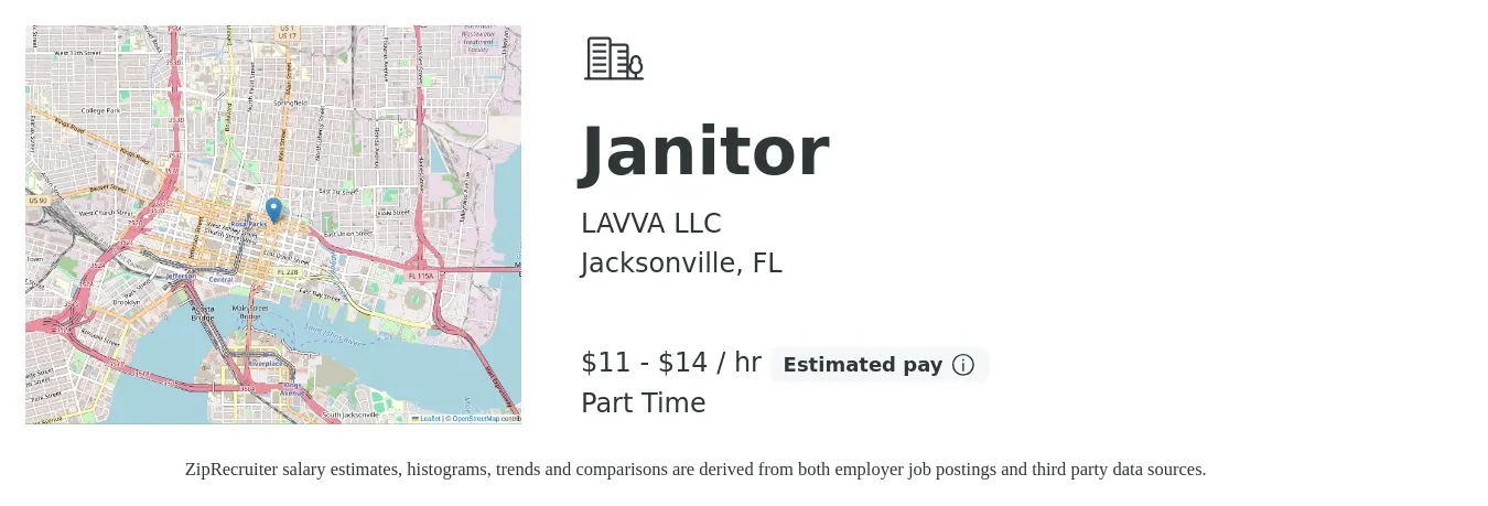 LAVVA LLC job posting for a Janitor in Jacksonville, FL with a salary of $13 to $17 Hourly with a map of Jacksonville location.