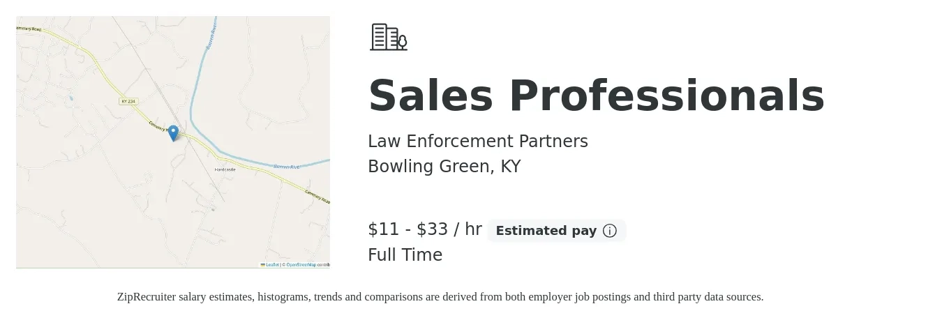 Law Enforcement Partners job posting for a Sales Professionals in Bowling Green, KY with a salary of $12 to $35 Hourly with a map of Bowling Green location.