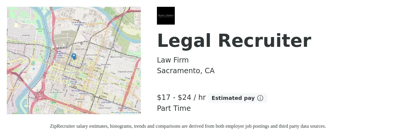 Law Firm job posting for a Legal Recruiter in Sacramento, CA with a salary of $18 to $25 Hourly (plus commission) with a map of Sacramento location.