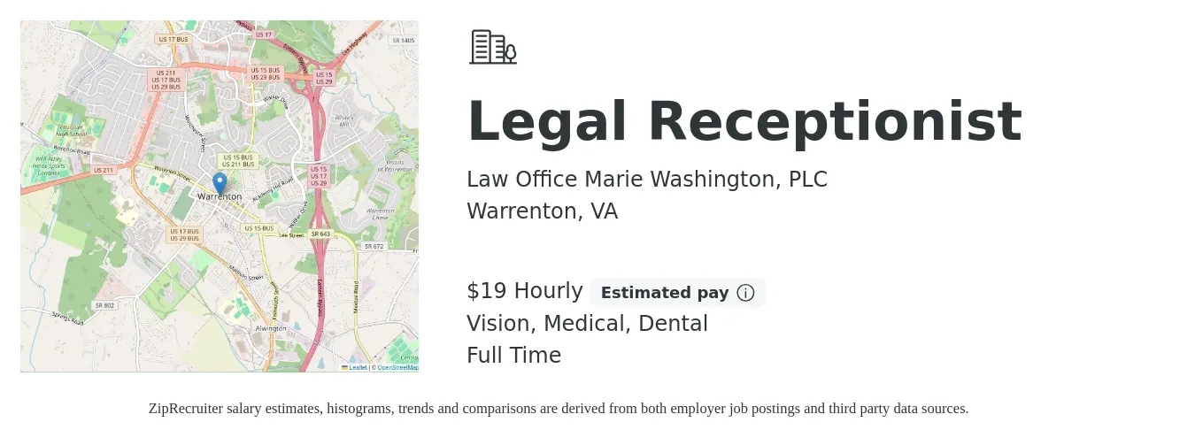 Law Office Marie Washington, PLC job posting for a Legal Receptionist in Warrenton, VA with a salary of $20 Hourly and benefits including dental, medical, retirement, and vision with a map of Warrenton location.