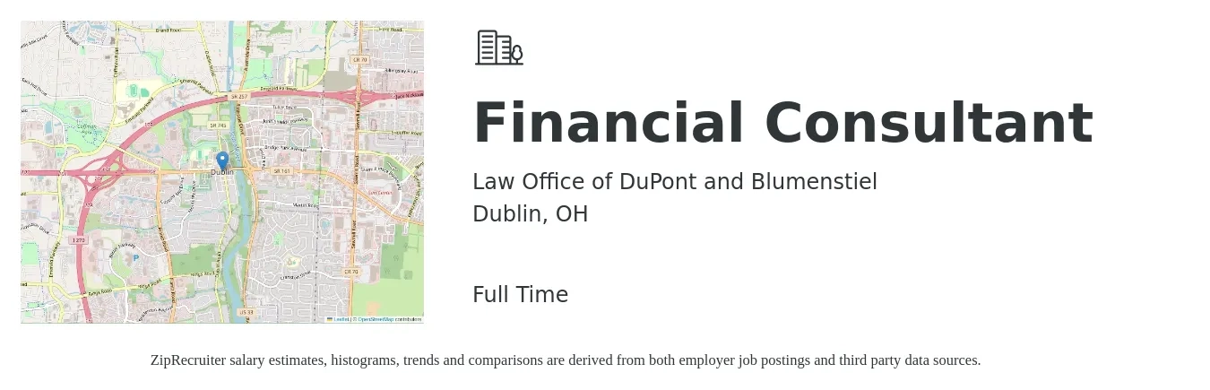 Law Office of DuPont and Blumenstiel job posting for a Financial Consultant in Dublin, OH with a salary of $45,000 to $55,000 Yearly with a map of Dublin location.